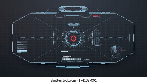 HUD, GUI Modern Aiming System with Device tilt level. Futuristic VR Head-up display design. Spaceship, drone, helmet, crosshair, aim. Techno target screen element. VR design for video games. Vector