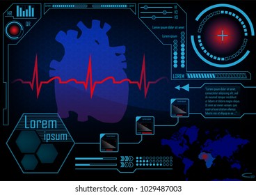 HUD GUI Radar monitor screen. Futuristic game technology outer space background. User interface world map, Heart pulse infographic template. Virtual head-up display elements for app. Vector.