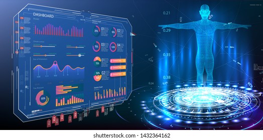 HUD, GUI, UI, dashboard element ui medical examination. Display set of virtual interface elements. Modern medical examination style. Body hologram. Data monitors, statistics and diagrams, infographic 