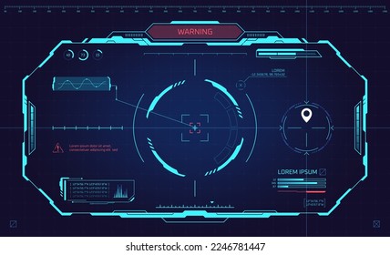 Hud helmet view. VR dashboard in futuristic glasses or spaceship cockpit, virtual tech digital interface viewfinder scanner frame race auto navigation, game ui vector illustration of ui game interface