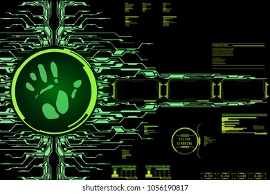 HUD Hi Tech Futuristic Elements Security Code Protection User Screen Interface Vector. Abstract Fingerprint Detection Scan Design Concept Panel Illustration.