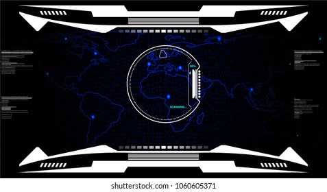 HUD Hi Tech Futuristic World Map Location Security Code Scan Protection User Screen Interface Concept Vector. Abstract Binary Digital Number Searching Area Communication Design Concept Illustration.