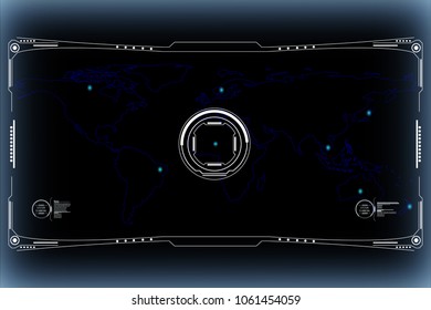 HUD Hi Tech Futuristic World Map Location Security Code Scan Protection User Screen Interface Concept Vector. Abstract Target Crosshair Searching Area Communication Design Concept Illustration.