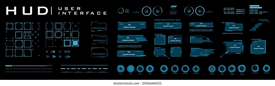 HUD. High-tech personal gaming user interface. Set technology elements frames, circular pointers, goals for game. HUD user interface