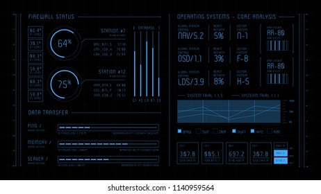 HUD. Hi-tech futuristic display. Tech and science, analysis theme. Digital user interface. Infographic elements: graph, waves, arrow, bar regulator, circle, percent.