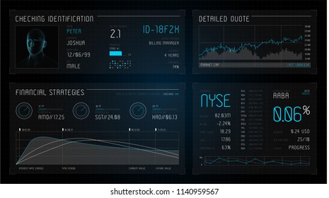 HUD. Hi-tech futuristic display. Tech and science, analysis theme. Digital user interface. Infographic elements: graph, waves, arrow, bar regulator, circle, percent.