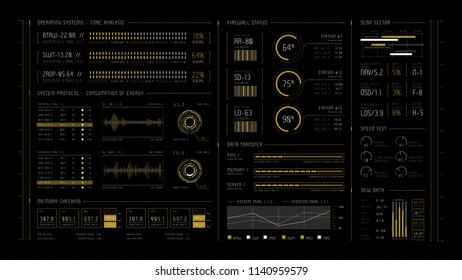 HUD. Hi-tech futuristic display. Tech and science, analysis theme. Digital user interface. Infographic elements: graph, waves, arrow, bar regulator, circle, percent.