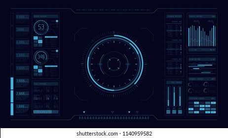 HUD. Hi-tech futuristic display. Tech and science, analysis theme. Digital user interface. Infographic elements: graph, waves, arrow, bar regulator, circle, percent.