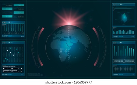 HUD. Hi-tech futuristic display. Tech and science, analysis theme. Digital user interface. Infographic elements: graph, waves, arrow, bar regulator, circle. Radar screen. Vector illustration 