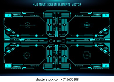 HUD Hologram Futuristic Elements Multi User Screen Control Panel Vector. Abstract Green Interface Target Monitor Illustration On Black Background