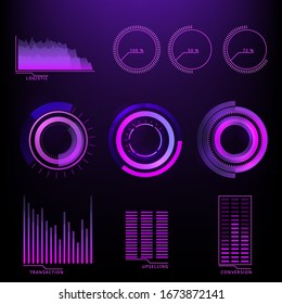 Holograma HUD Elementos Futuristas Set Vector. Gráficos virtuales abstractos púrpura para Panel de control de interfaz de usuario o Ilustración infográfica.