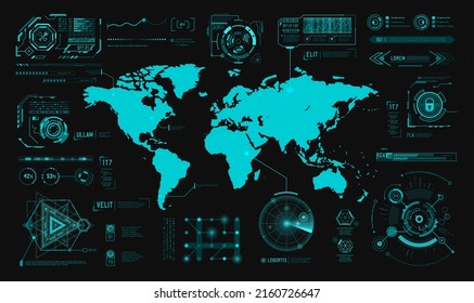 HUD hologram interface, earth digital map infographic charts and graphs, futuristic technology. HUD world earth data and controls on virtual screen vector dashboard, cyber future UI interface