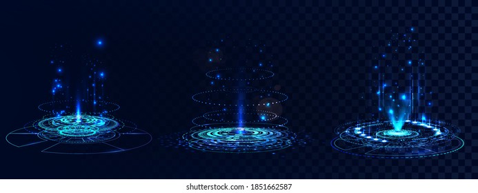 HUD holograms - portal for GUI, UI, APP design. Sky-fi vector set digital technology. Circle magic teleport podium. Hi-tech hologram with light and lights. VR projector, portal, podium. Vector set