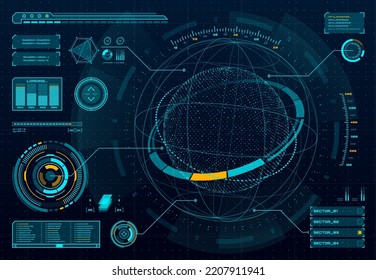 HUD infographic, dashboard panel with space sphere graphs, vector digital interface. HUD technology screen with planet hologram, cyber UI and virtual diagrams with loading bars, data charts on display