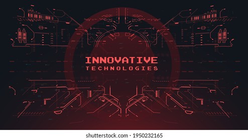 Fondo de la interfaz HUD. Ilustración de Cyberpunk Sci-fi. Pantalla roja Futurista VR. Pantalla de inicio para juegos y aplicaciones. Marco de alta tecnología. La realidad virtual del ciberespacio al estilo HUD. Resumen del espacio tecnológico.