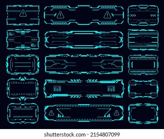 HUD interface frames, borders, signs, info boxes and callout titles, vector head up display elements of futuristic game UI. Digital text bars, hologram banners and future technology interface screens