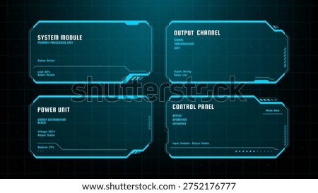 Hud interface frames with system module and power unit data. Technical display elements for futuristic control panel. Digital dashboard overlay for sci-fi software and user interface.