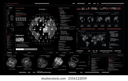 HUD interface, futuristic cyberspace dashboard with 3D elements and online scanning earth globe. Military security system HUD, dashboard screen tracking system, UI, UX, GUI Sci-fi elements. Vector