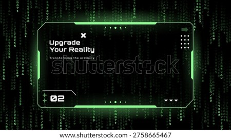 Hud interface with futuristic text overlay on dark matrix code background. Digital display panel with abstract cyber data elements. Science fiction technology for system visualization.
