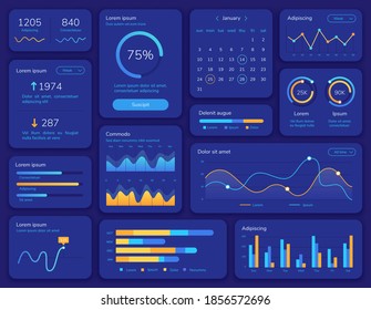 Hud interface. Futuristic ui screen with data display, statistic graphs, menu and calendar. Dashboard info panel and element vector template. Presentation structure chart report menu illustration