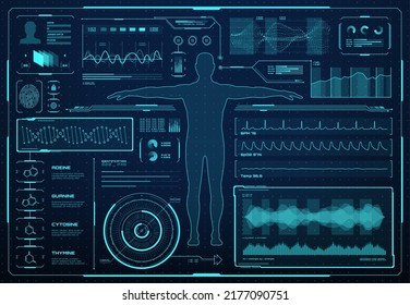 HUD interface, health care and medicine graphs, charts and infographics, vector futuristic medical technology, HUD interface with human body hologram, medical diagnostics and future biomedicine screen