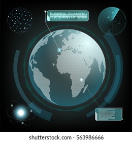 HUD interface with planet earth and radar. Computer network and espionage. Stock vector illustration