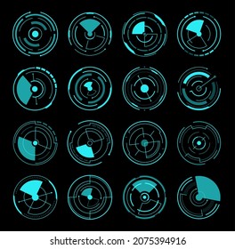 HUD interface round radars, futuristic circles game UI, vector icons. HUD digital interface for screen dashboard, round frames of sonar of radar or location tracking scanner or gauges for display