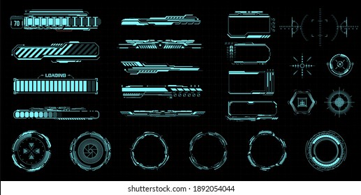 HUD kit. Futuristic virtual game UI, UX.  Modern space symbols for web design interface futuristic digital frames. Isolated sight and viewfinder, circle. Loading process indicator. Vector illustration