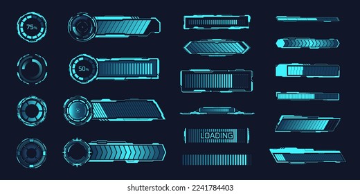 Hud loaders. Loading bar speed progress elements, radial timeline stages, glowing diagrams tech download complete, neon progress bar load sci fi status, ui vector illustration of progress interface