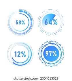 Hud loading bars white set. Interface and UI and UX design. Progress, upload and download. Graphic elements for programs and applications. Flat vector collection isolated on white background