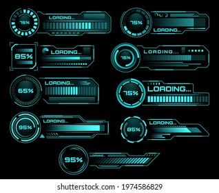 HUD loading progress bars, Sci Fi interface, vector digital futuristic elements for dashboard, technology style neon glowing ui navigation for game menu design or web site data load, technology theme