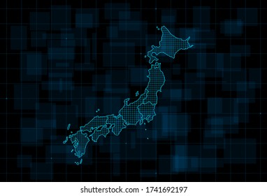 HUD map of the Japan with prefectures. Cyberpunk Futuristic digital dark blue background. Editable stroke. Vector