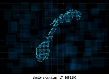 HUD map of the Norway with counties. Cyberpunk Futuristic digital dark blue background. Editable stroke. Vector 