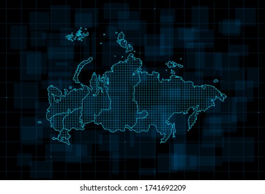 HUD map of the Russian Federation with Federal subjects. Cyberpunk Futuristic digital dark blue background. Editable stroke. Vector