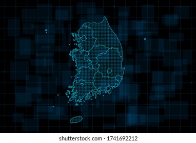 Mapa del HUD de Corea del Sur con provincias. Cyberpunk Fondo azul oscuro digital futurista. Trazo editable. Vector