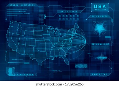 HUD map of the USA. Set of HUD callout design elements. Cybersecurity, information security, big data analytics, safety system. Futuristic digital background. Vector illustration.