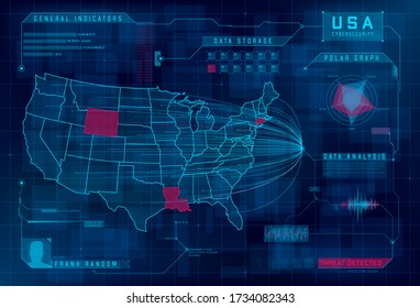 HUD Map Of The USA. Set Of HUD Callout Design Elements. Cyberattack, System Under Threat, DDoS Attack. Cybersecurity, Information Security, Big Data Analytics, Safety System. Vector Illustration.