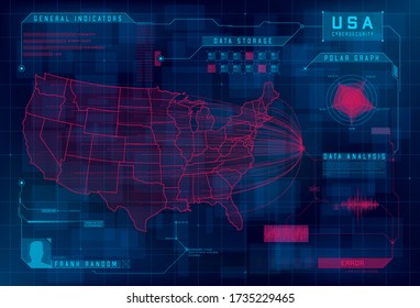 HUD Map Of The USA. Set Of HUD Callout Design Elements. Cyberattack, System Under Threat, DDoS Attack, Error System. Cybersecurity Concept. Vector 