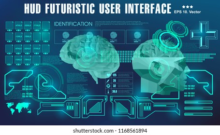 HUD medical virtual graphic touch user interface, 3D Low Poly brain scanning, brain scanning accurate facial recognition biometric technology