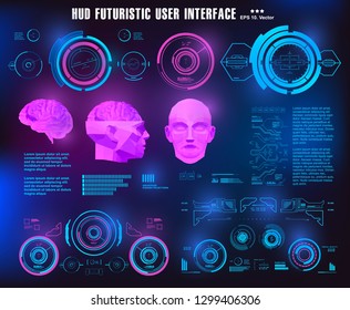 HUD medical virtual graphic touch user interface. Brain scanning accurate facial recognition biometric technology. 3D Low Poly brain scanning,
