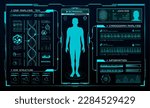 HUD medicine, body health digital technology interface, futuristic vector. HUD medical screen UI with human body hologram, scanning health data on infographics dashboard with DNA analysis diagnostics