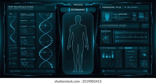 HUD medicine, health care and medical graphs or charts. Futuristic interface with human body hologram scanning process alongside DNA decoding and personal data display. Modern science and technology