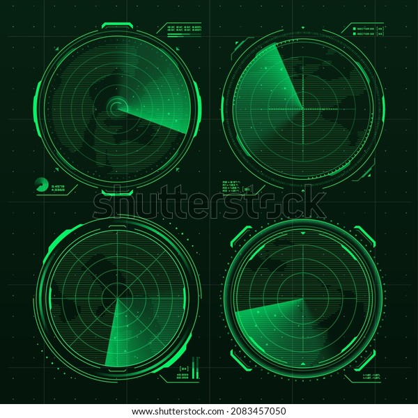 HUD military radar or sonar display screen interface\
of submarine, ship and airplane navigation. Futuristic vector\
digital monitors with grid map and green neon objects, Sci Fi game\
ui or gui