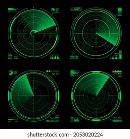 Interfaz de pantalla de pantalla del radar militar HUD o del sonar de la marina vector del sistema de navegación. Exhibición digital de cabeza futurista de tecnología de búsqueda del ejército, red verde de neón equipo de detección