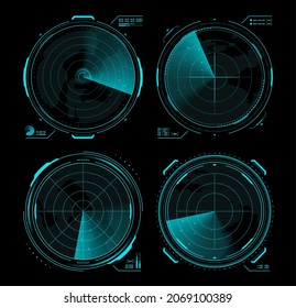 HUD Military Traffic Control, Radar Or Sonar Display Screen Interface. Navigation Digital Vector Monitors With Blue Neon Radar Grid, Map, Target And Blip Objects, Submarine, Airplane Navigation System