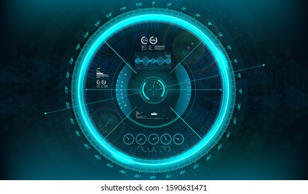 HUD Modern Aiming System with Device tilt level. Futuristic VR Head-up Display Design. View from the cockpit spaceship, drone, helmet, crosshair, aim. Techno target screen element. HUD GUI gadget.