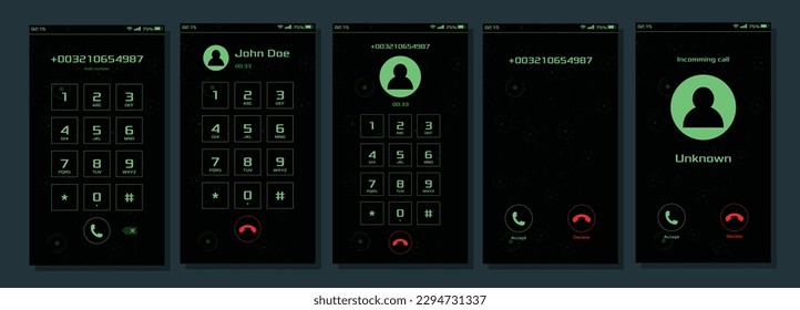 HUD de teléfono moderno con una llamada misteriosa. el tema del hackeo verde y moderno. FUI del vector de concepto