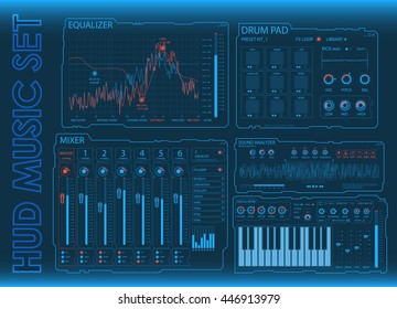 HUD MUSIC SET. Modern music interface HUD and elements. Virtual graphic. Touch user interface. Mixer. Equalizer. Drum pad. Synthesizer. Vector Illustration.