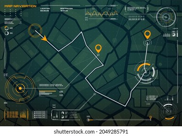 HUD navigation or city map navigation screen interface with compass, graphs and map points, vector. HUD roadmap or city map with satellite location pins and traffic route direction, smart app