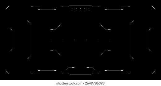 HUD overlay with cyberpunk UI for drone or sci fi interface. Futuristic glitchy tech dashboard. Target reticle digital distortion, FPV cockpit layout and binary code elements.